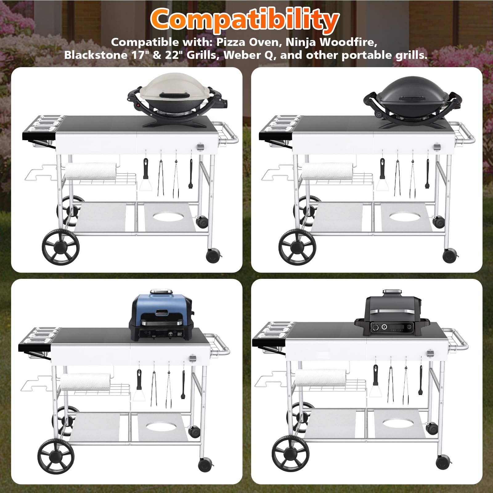 GFTIME 128 x 64 x 78 cm carro de barbacoa para Weber Q Serie, Ninja Woodfire, horno de pizza, barbacoa de mesa, mesa de barbacoa con gran superficie de trabajo, carrito de servir al aire libre jardín