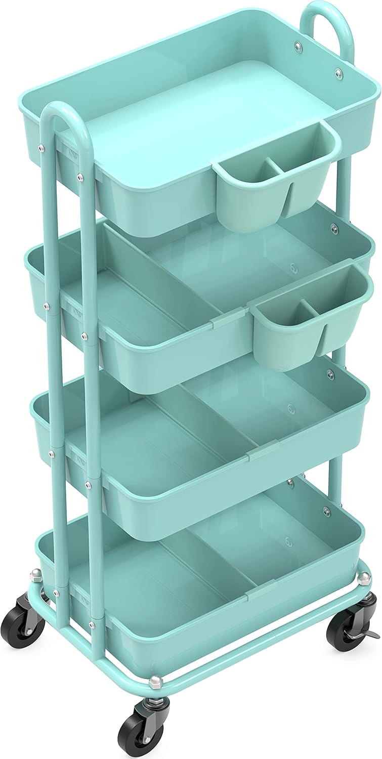 SimpleHouseware 4-Tier Multifunctional Rolling Utility Cart with Basket Dividers and Hanging Buckets, Turquoise: Kitchen & Dining