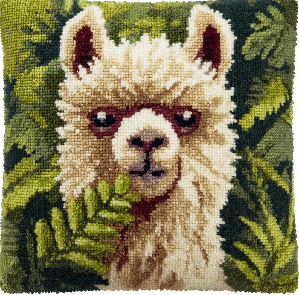 FWRTYCB 3D Pillow Latch Hook Embroidery Kits Alpaca Eating Leaves Cushion
