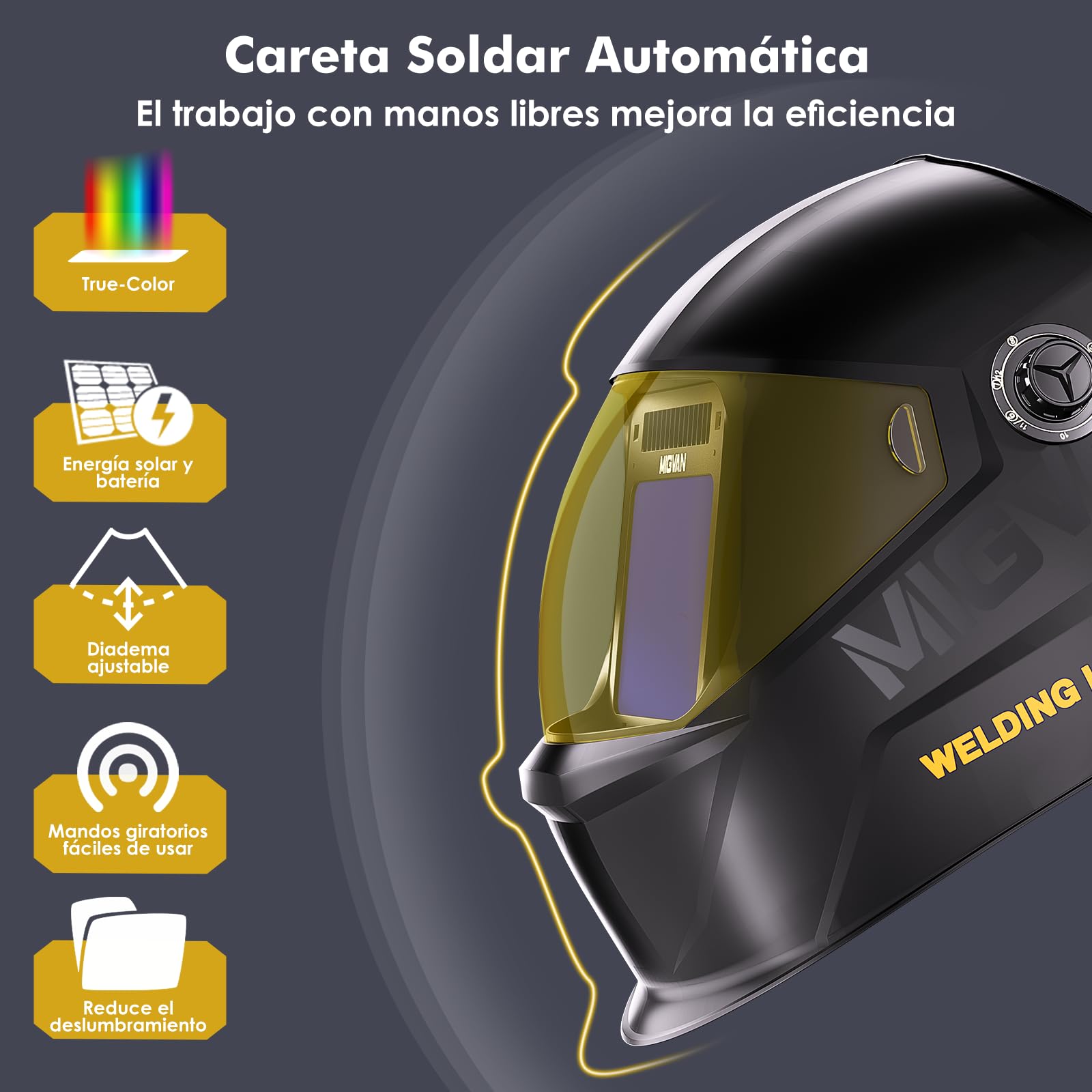 Careta Soldar Automática 0,1 ms oscurecimiento automático – Máscara Soldar True-Color, 100×82 mm, Solar y batería, DIN 4/5-9/9-13 – Careta de Soldar MIG TIG MMA ARC Esmerilado H21