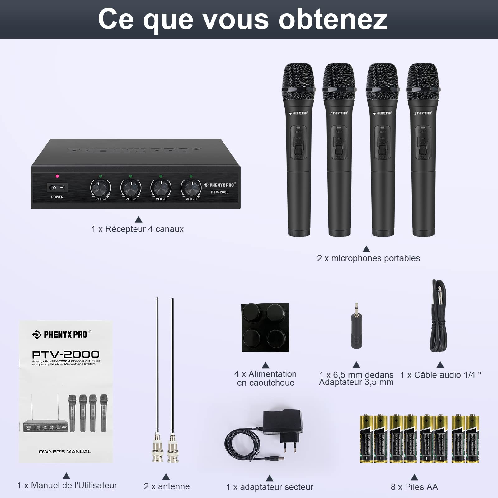 Phenyx Pro Système de Micro sans Fil, micros sans Fil VHF 4 canaux, avec 4 Microphones dynamiques Portables, récepteur en métal, Longue portée, Microphone pour Chanter, karaoké (PTV-2000A)