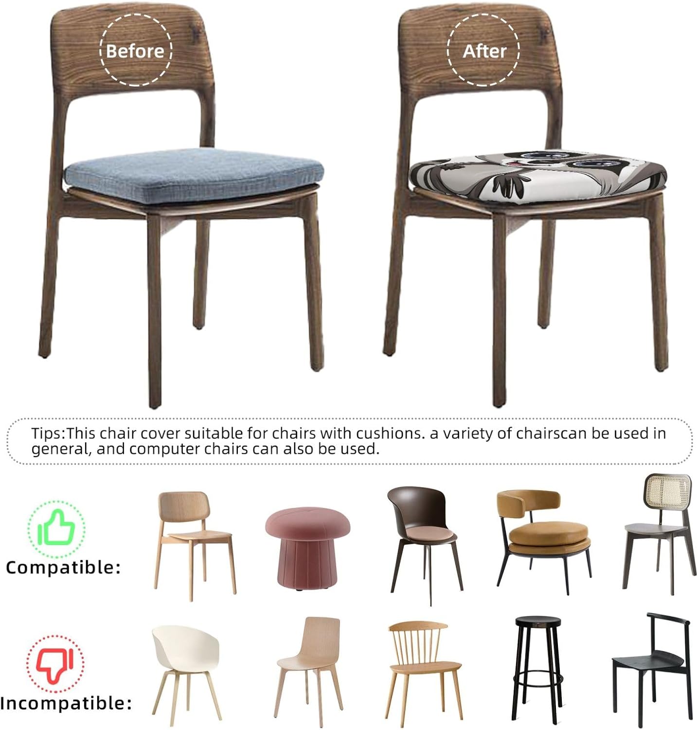 Cartoon Cute Raccoon Art Print Square Cushion Covers 6 Pcs Set Elastic Non-Slip Seat Cushion Slipcovers Pet Furniture Protectors for Chair, Sofa