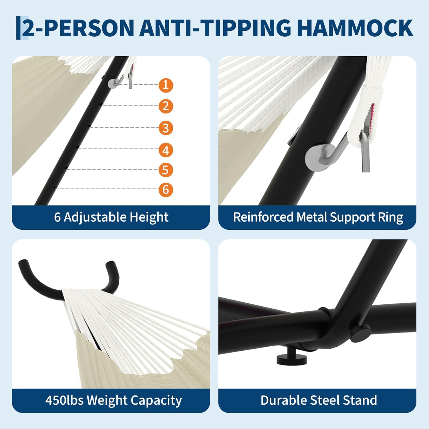 Double Hammocks with Stand for Outside, Portable Space Saving Heavy-Duty Steel Stand for Indoor Outdoor Patio with Carrying Bag, 450 lbs Capacity