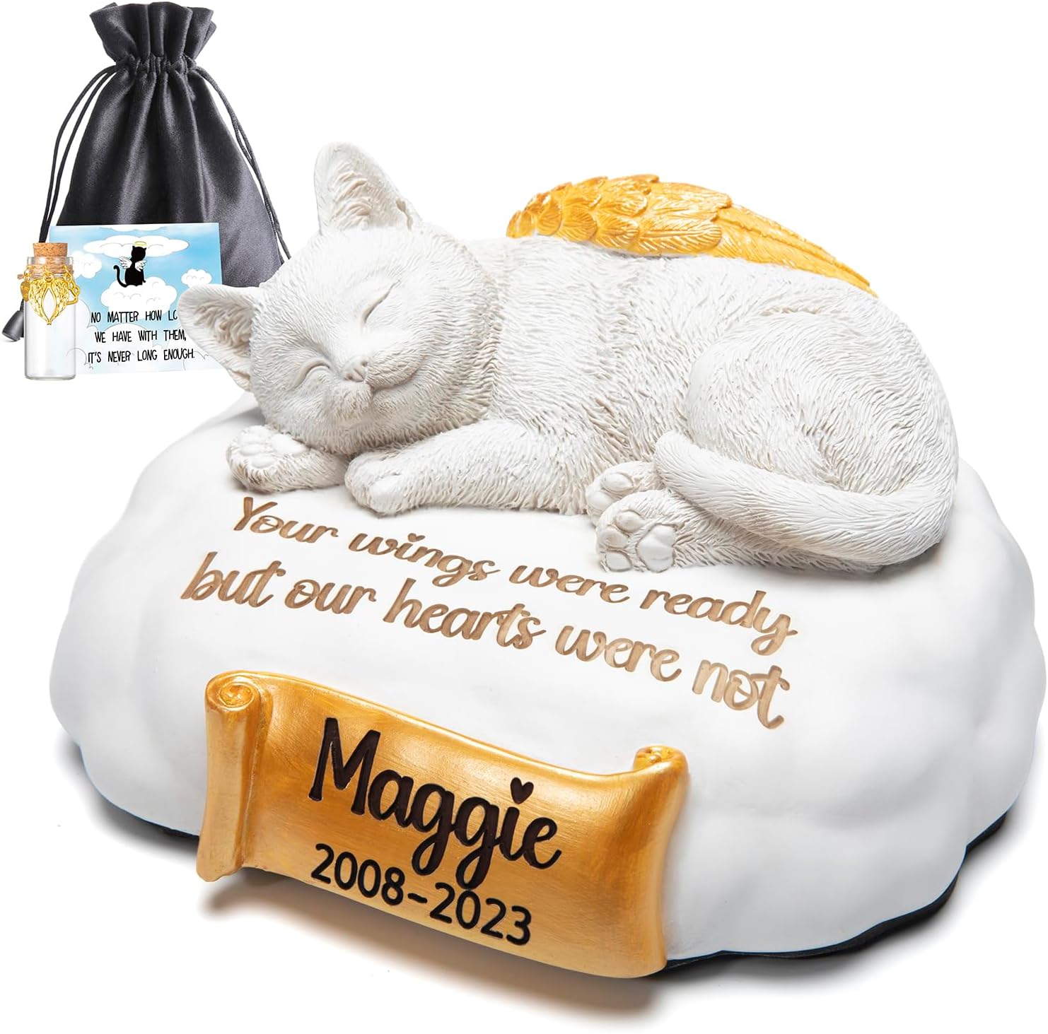 Personalized Cat Urn, Pet Urns for Cat Engraved with Your Pet's Name,Date and Quote, Sleeping Resin Cat Urns for Ashes
