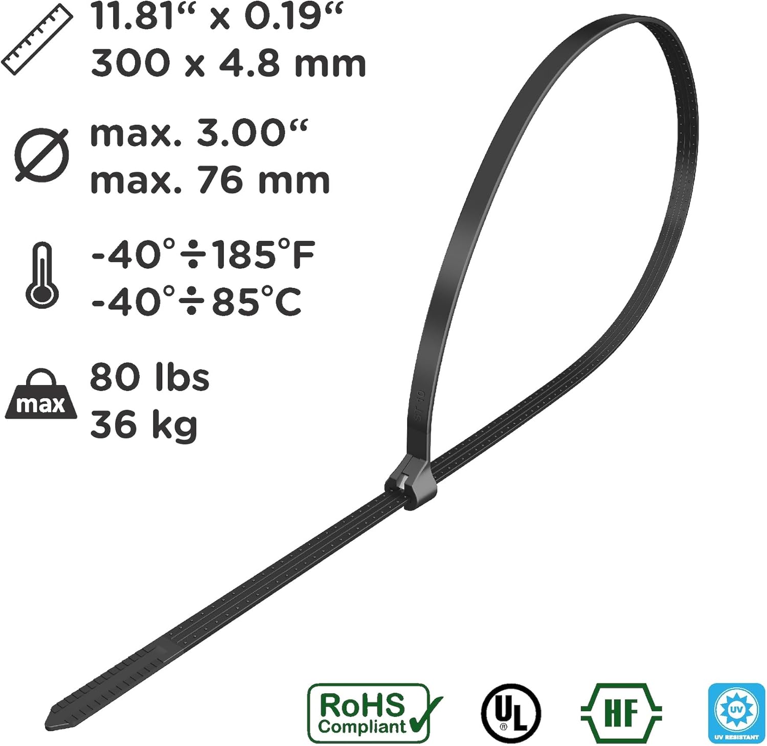 intervisio Cable Ties with Metal Tooth Stainless Steel Locking Device 11” X 0.19“, Zip Ties UV Resistant, Black, Tensile Strenght 80 lbs, 100 Pieces