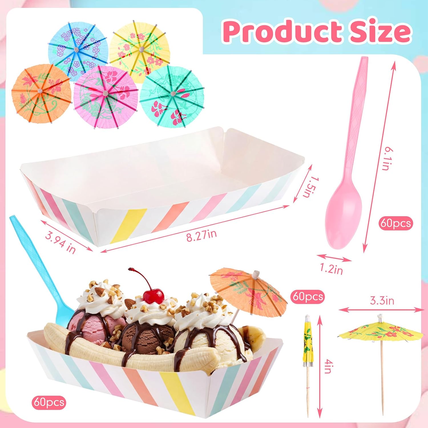 FoldTier 60 Set Colorful Food Trays Boat Paper Disposable Banana Split Boats with Umbrellas 8 oz Bowls for Birthday Summer Party Supplies Dessert (Stripe Style,Colorful)