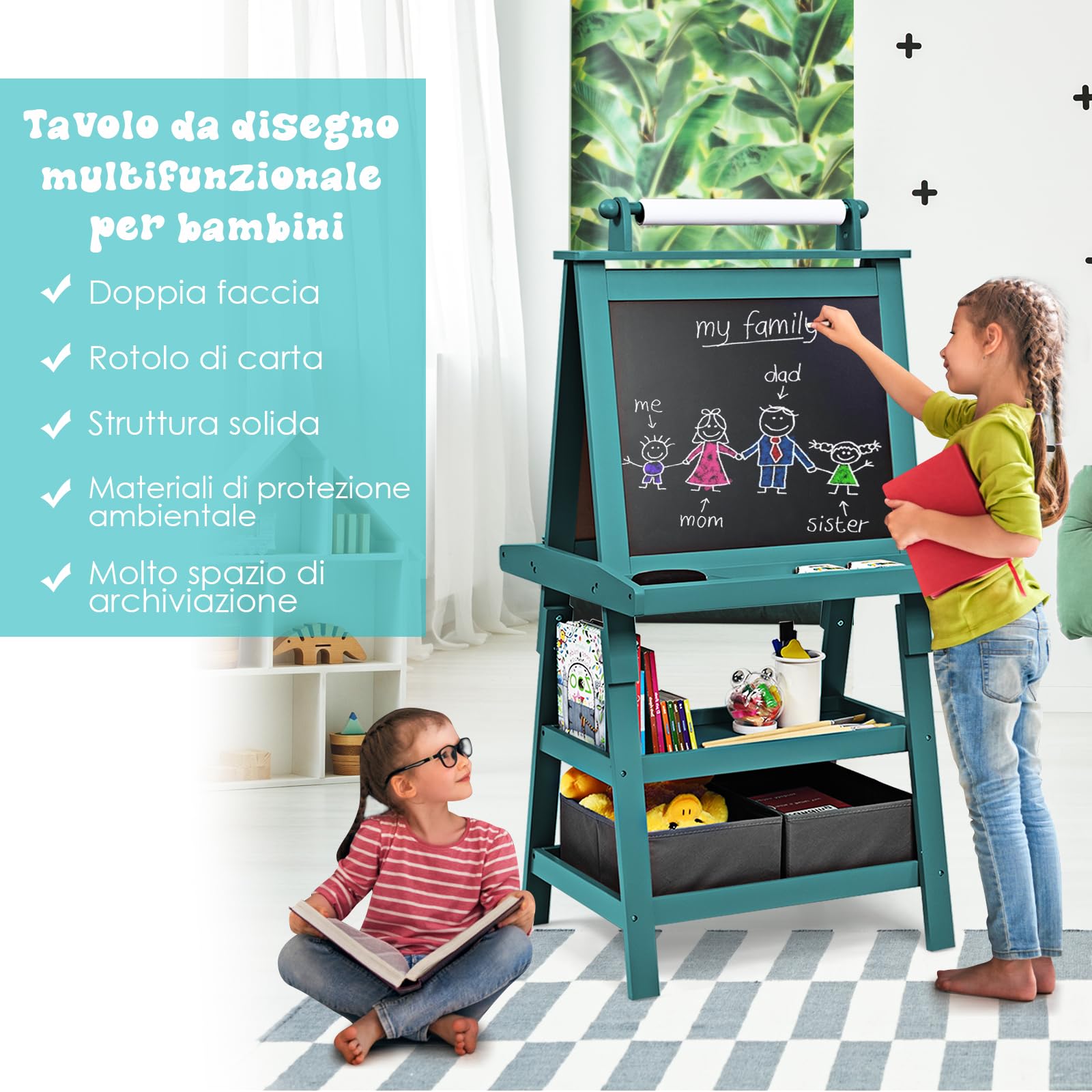 RELAX4LIFE 3 in 1 Lavagna per Bambini, Cavalletto Pittura a Doppia Faccia, Lavagna Magnetica con Rotolo di Carta, Giocattolo Educativo 3+ Anni (Blu)