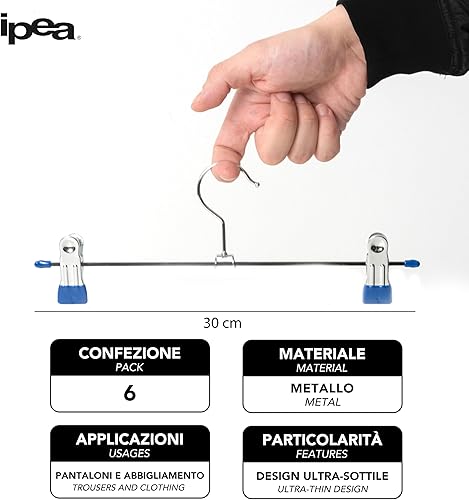 Miniatura 3 de Slim Design Metal Trouser Hangers - Set of 6 - Space-Saving Stainless Steel Coat Hanger with Clips for Hanging Jeans, Skirts, Clothes, Accessories
