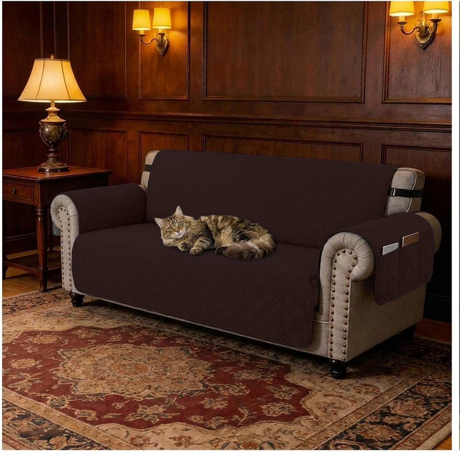 100% Waterproof Couch Cover for Dogs, Anti-Slip Washable Sofa Cover with Elastic Straps & Side Pockets, Quilted Furniture Protector for Kids & Pets (3 Cushion 68", Chocolate)
