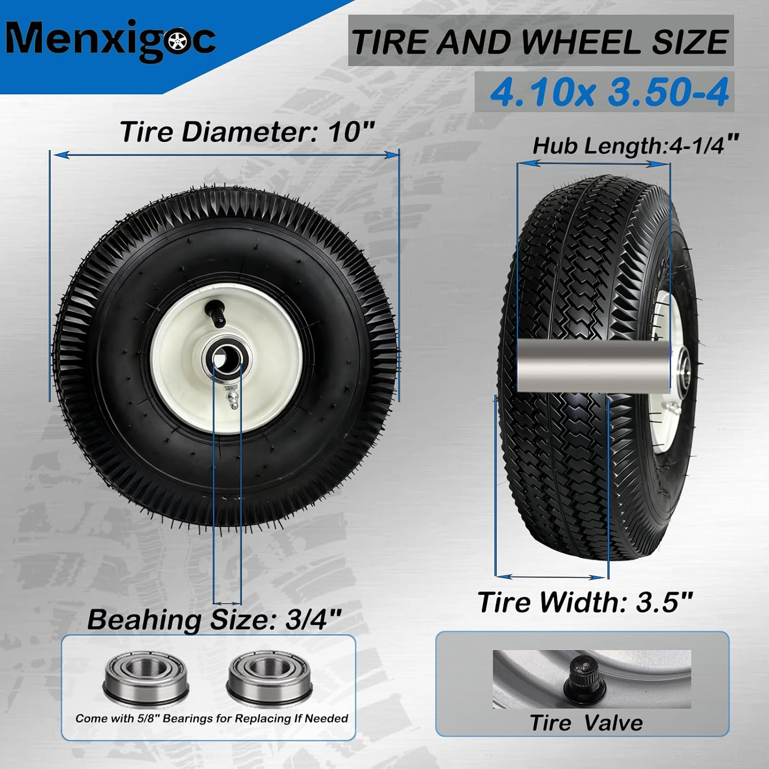4.10/3.50-4 Tubeless Lawn Mower Tire, 105-3471 Front Wheel and Tire Assembly, 3/4" Bearing with 5/8" Extra Bearings, 4-1/4" Hub Length, Compatible with Toro TimeCutter and Exmark, 2 Pack
