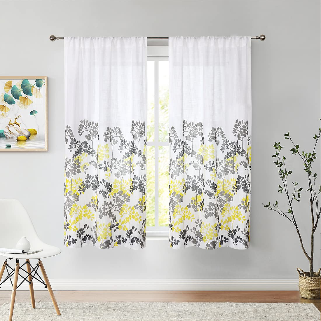 Floral Semi-Sheer Rod Pocket Farmhouse Botanical Curtain 45 Inch Length for Living Room Bedroom, Yellow Grey Leaf Printed on White Linen Textured Window Drapes, 42" W 2 Panels
