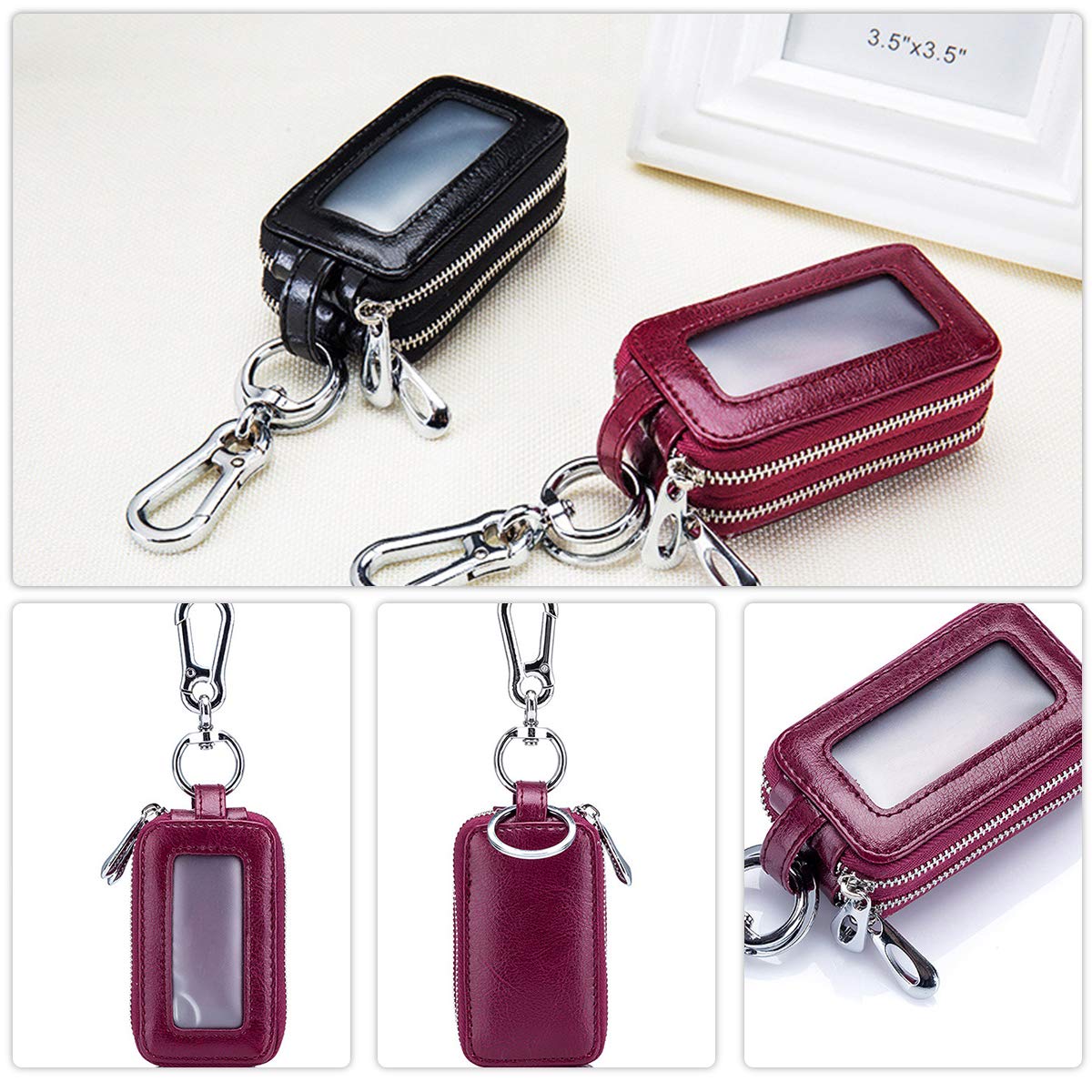 Etuis Porte Clés Véritable Cuir Voiture Clé Cas Portable Porte-Monnaie Car Key Case Rétro étanche Double Pochette Zippée Hommes Femme, Rose, L, Rose, L