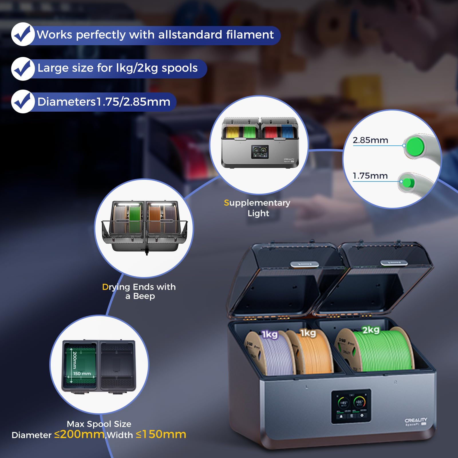 Creality Filamenttrockner 4 Spulen,Space Pi X4 Filament Aufbewahrungsbox:Zwei Unabhängige Heizkammern bis zu 85 °C, Automa Geräuschloser Energiespar Aufbewahrung with 4kg Schwarz/Weiß Hyper PLA