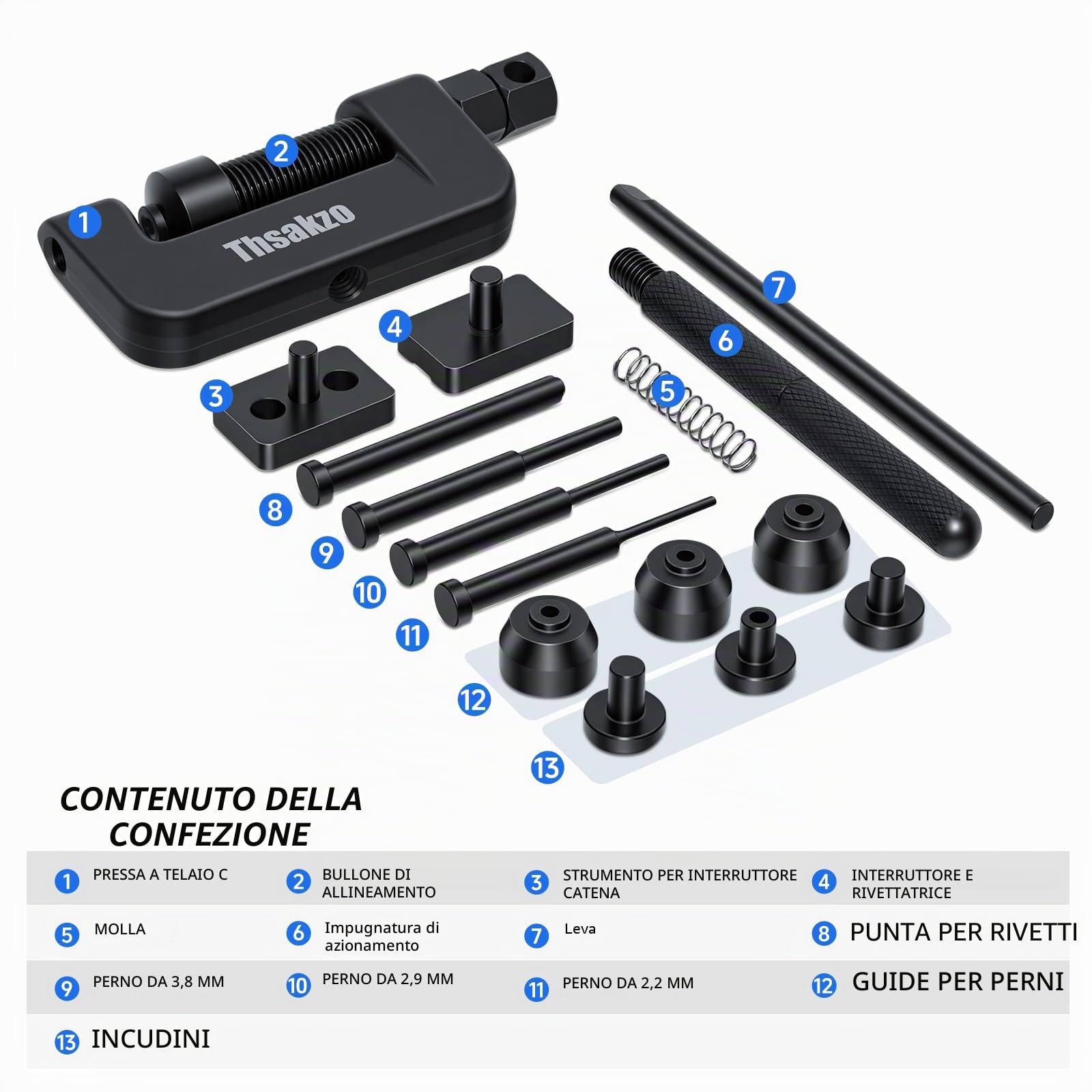 13 Pezzi Kit Catena Moto pezzi per sstrumento di rimozione catena e kit rivettatrice per camma e catene da 25 a 630