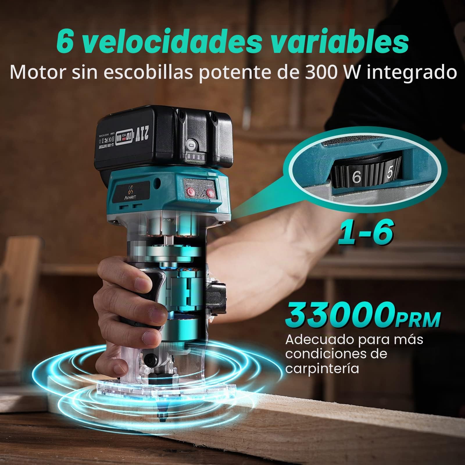 Fresadora Inalámbrica para Madera 21V, Fresadora de Madera Compacta con 2 Baterías 4.0Ah, 6 Velocidades, 33.000RPM, 15 Mandriles Collets 1/4" resadora Madera para carpintería
