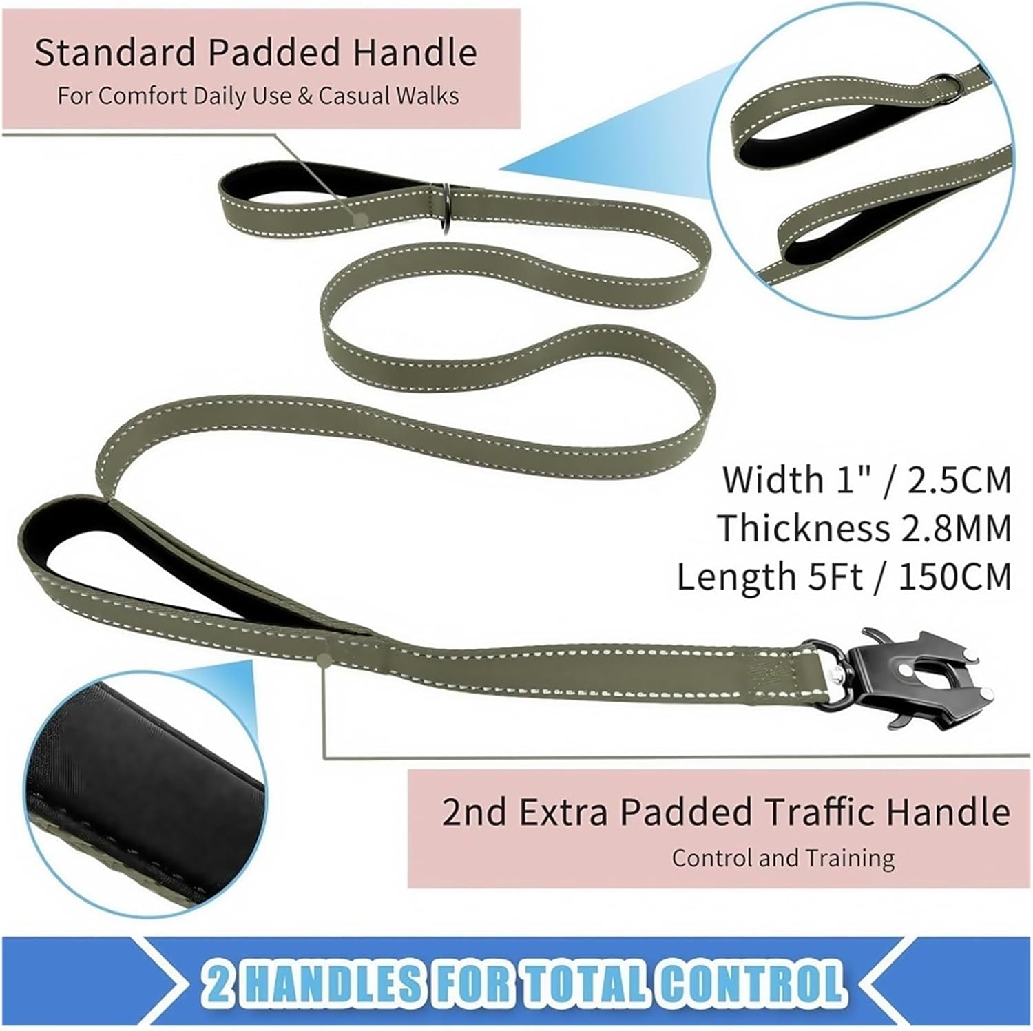 Heavy Duty Nylon Dog Leash with Reflective Thread Padded Double Handle Lock Clip for Large Dogs Training Control(D)
