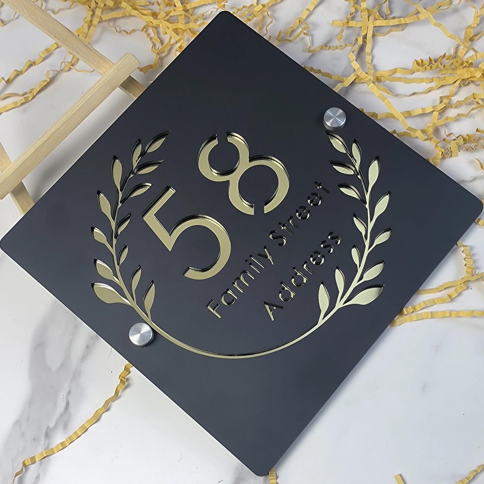 Personalized Laser Cut Acrylic House Number Sign,Personalised Door Numbers House Sign,Address Plaque For Home (Black Gold) — image 1