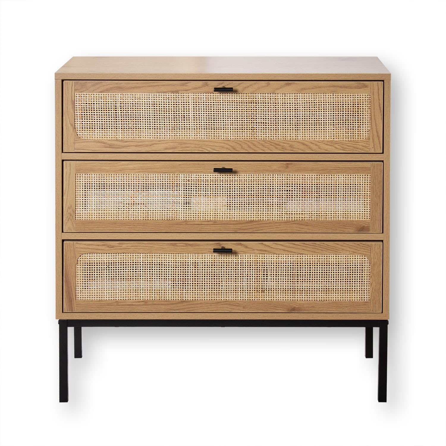 Calicosy - Commode 3 Tiroirs Façade Rotin - Décor Chêne - Panneaux De Particules - Poignées et Piétement Métal Noir - Armoire Chambre, Dressing Ou Salon - Design Industriel - L 80 x P 39 x H 79 cm