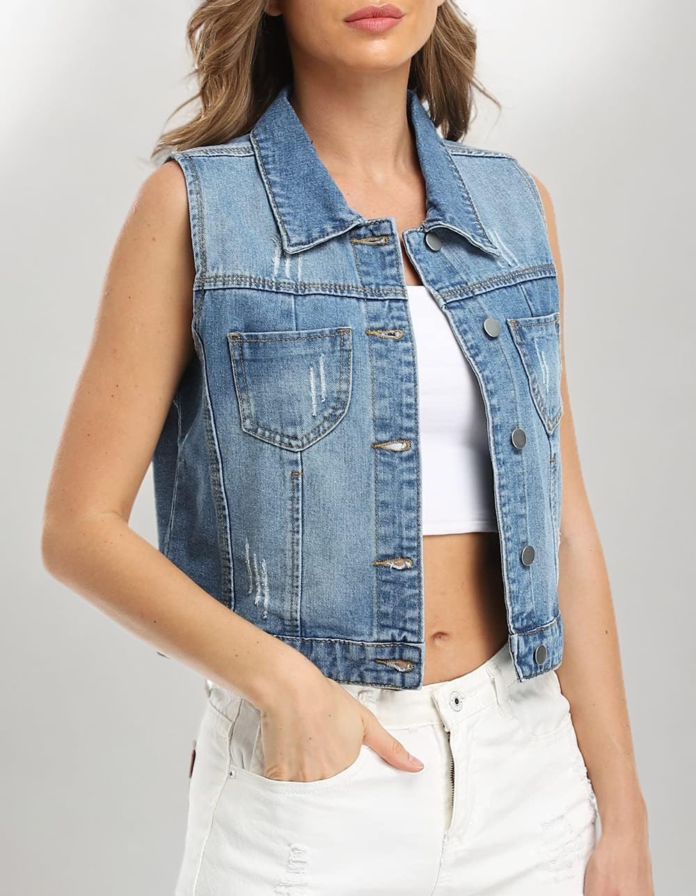 Womens Denim Jean Vest Classic Cropped Distressed Spread Collar Sleeveless Jean Jacket - Image 6