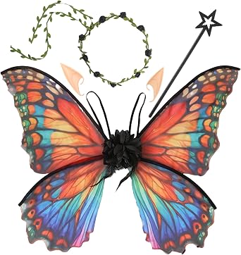 Snycler Fairy Wings for Adults, Fairy Costume Set with Floral Garland, Hair Tinsel, Wand & Elf Ears Butterfly Wings