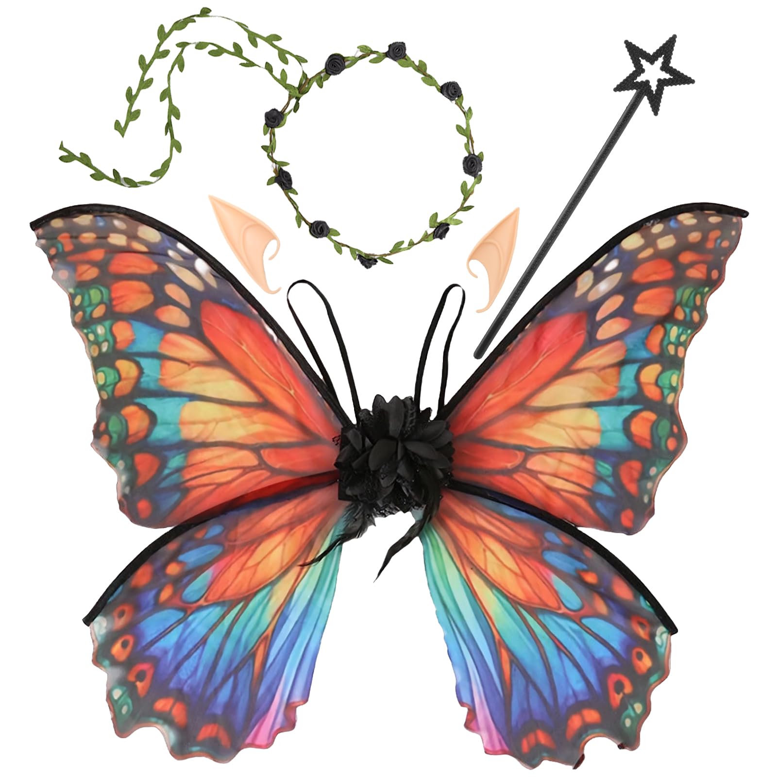 Snycler Fairy Wings for Adults, Fairy Costume Set with Floral Garland, Hair Tinsel, Wand & Elf Ears Butterfly Wings