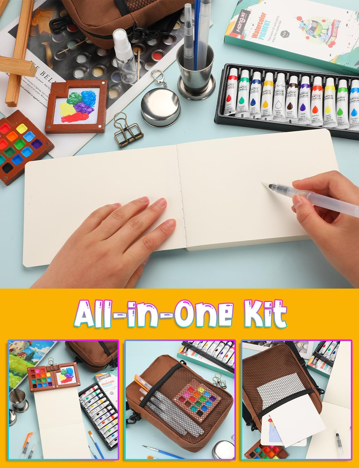 Mini Watercolor Paint Set, All-in-One Walnut Wood 15-Colors Pocket Travel Kit with Metal Clip, 12-Color Watercolor Paints, Crossbody Bag, Watercolor Journal, Paint Water Cup, Water Brush