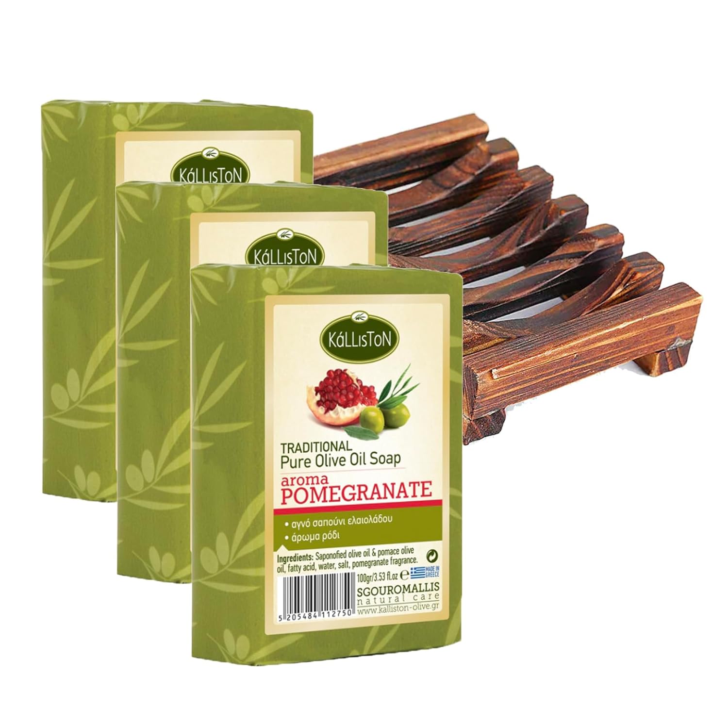 Kalliston Pomegranate Extract Soap Bar with Greek Olive Oil, Pack of 4 – Includes Handmade Bamboo Soap Dish Tray – Moisturizing, Hypoallergenic, Cruelty‑Free, Made in Crete, Greece