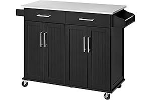 Yaheetech Black Rolling Kitchen Island Cart for Dining: 50.5" Wide with Stainless Steel Top
