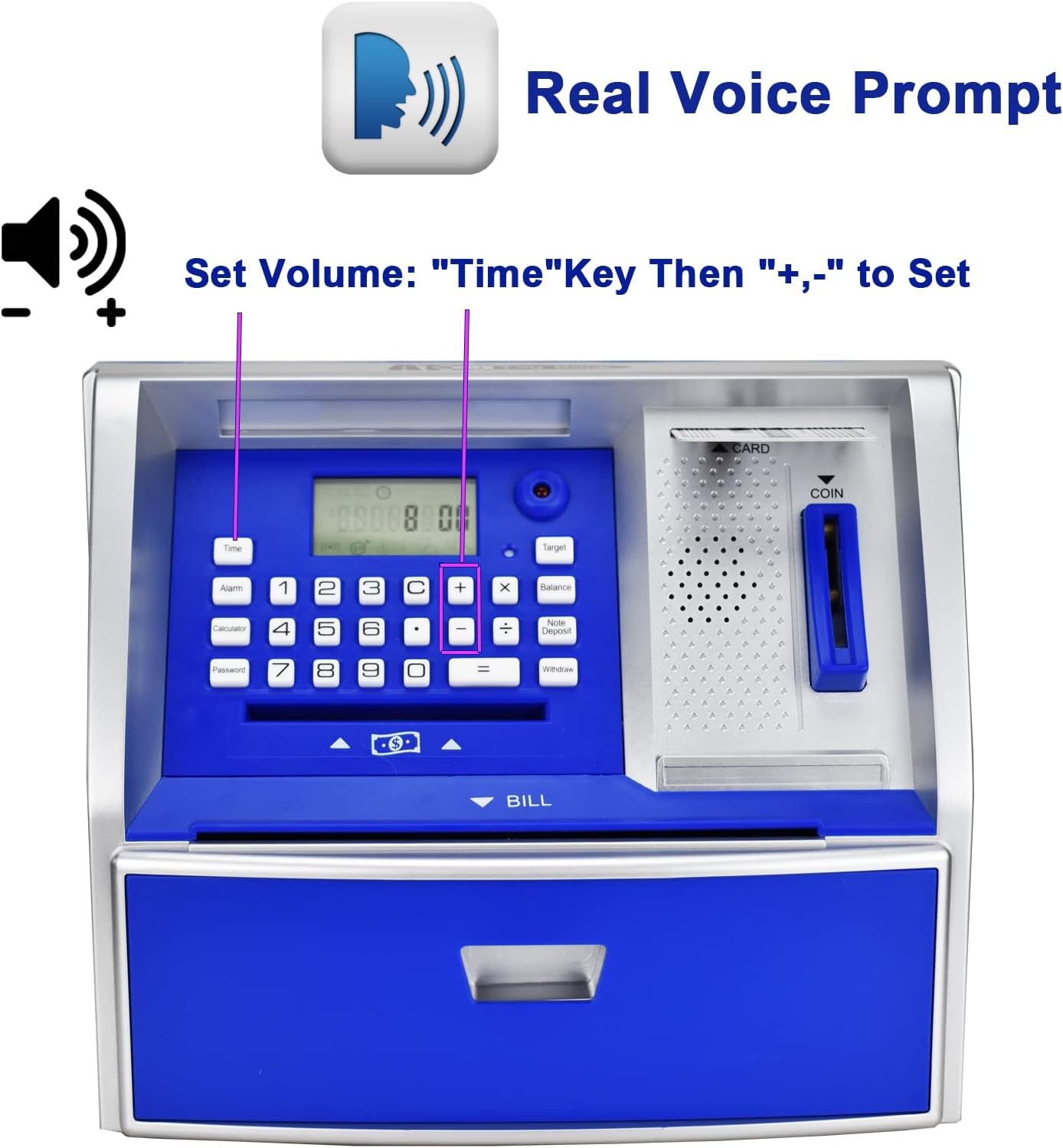 ATM Savings Bank with Debit Card, Electronic Piggy Bank for Real Money, Coin Recognition, Targets Setting, Password Login, Voice Prompt, Great Gift for Boys Girls (Silver/Blue) image 4