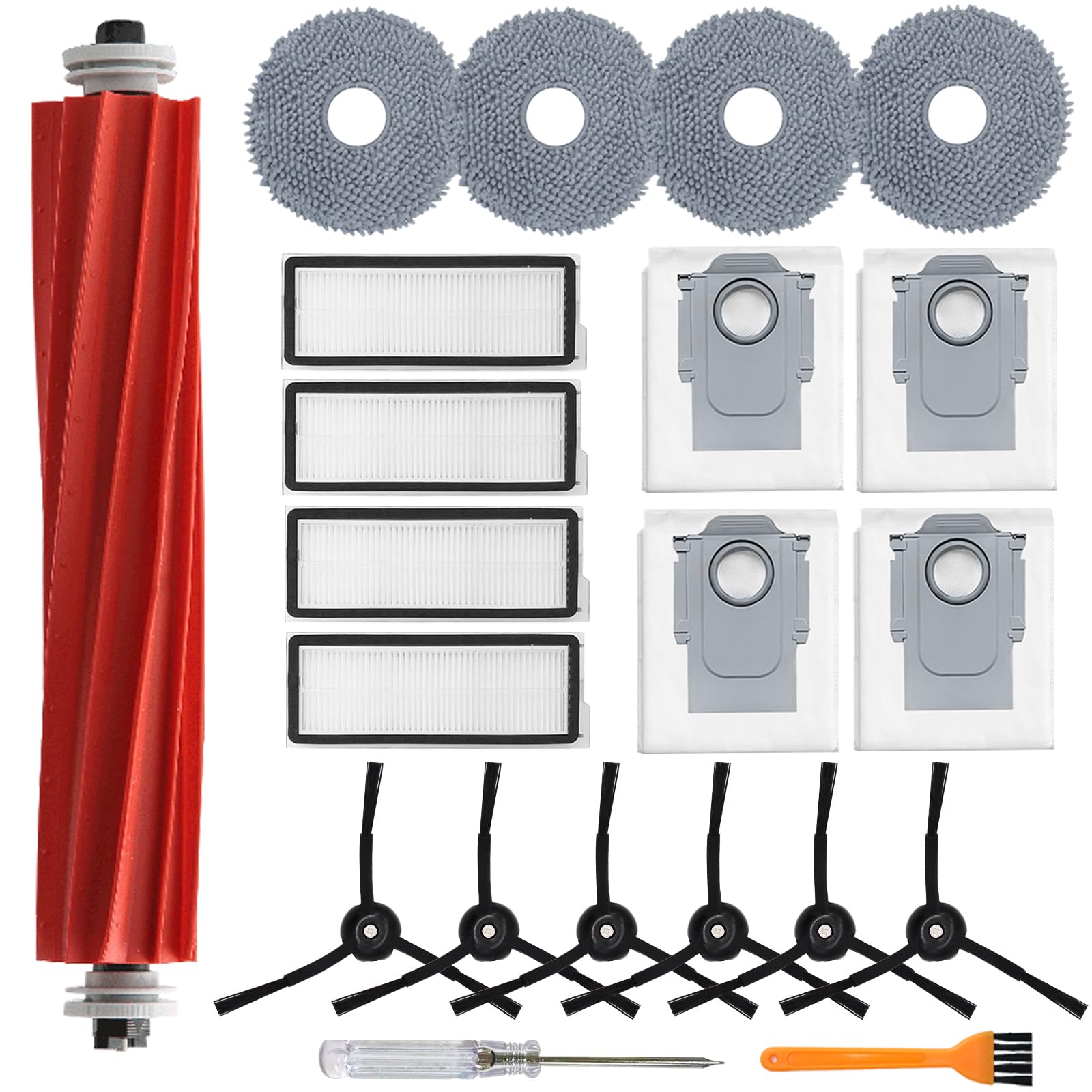 Zubehör Ersatzteil für Roborock Qrevo S/Qrevo Pro/Qrevo MaxV Staubsauger, Zubehörset mit 1 Hauptbürste, 4 Hepa Filter, 4 Staubbeutel, 4 Wischpads, 6 Seitenbürsten, 1 Bürste, 1 Schraubendreher 21 Stück