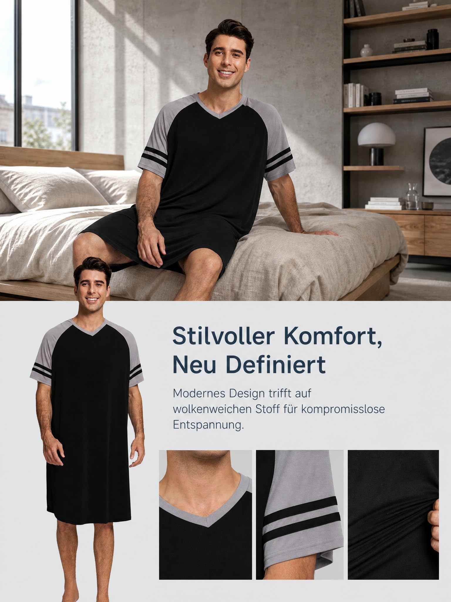 Chemise de Nuit Homme Hauts de Pyjama Tee-Shirt Longueur Genou Col V Manches Courtes Vêtements d'Intérieur Douce Confortable Grande Taille M-4XL