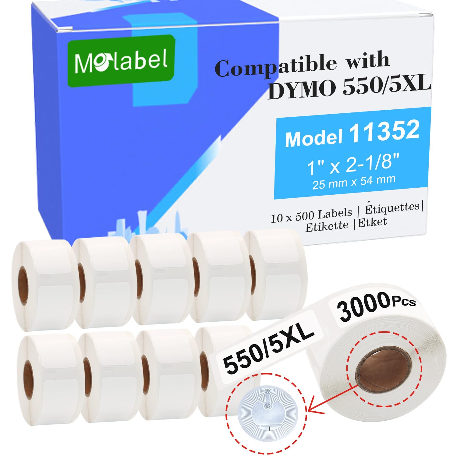 Etiquetas Molabel – 10 tende a rullo (con chip RFID), compatibili con Dymo S0722520 11352, Tamaño 25 mm x 54 mm, compatibili con las impresoras Dymo LabelWriter 550, 500 etiquetas por rollo.