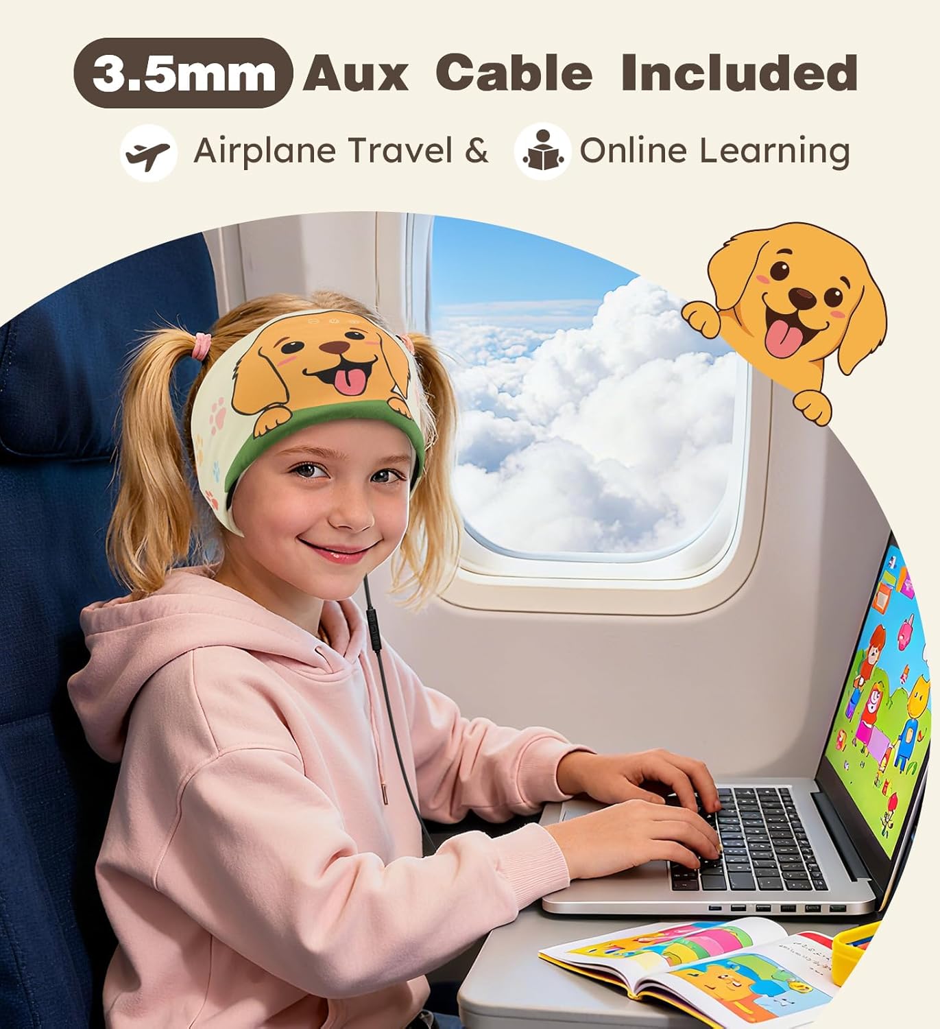 Toddler Headband Headphones Wireless, Kids Bluetooth Earphones for iPad, Safe Volume - Wired School Headphones for Kids with 3.5 MM Jack Travel Plane Accessories Gift for Boys & Girls (Dog) - Image 5
