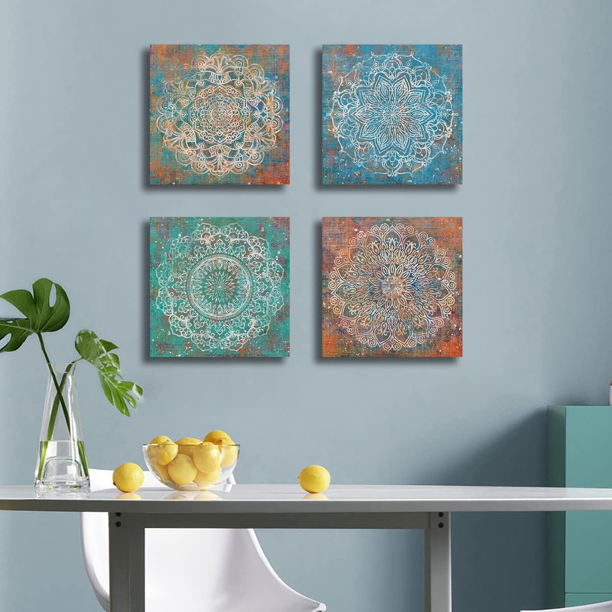 Vintage Flower Pattern Canvas Wall Art for Bedroom Wall Decor Rustic Bohe Floral Pictures Orange Farmhouse Geometric Canvas Prints Artwork for Bathroom Living Room Office Decoration Set of 4 12" X 12"