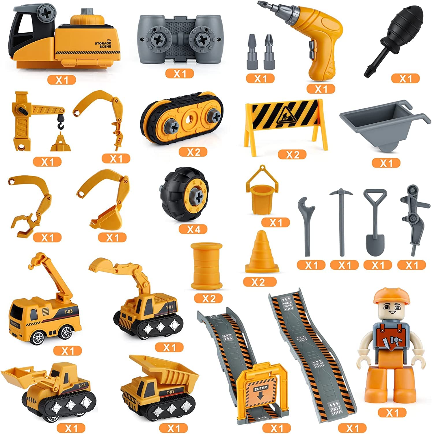 4 in 1 Kit Giocattolo Montaggio DIY, Set Veicoli da Costruzione STEM Escavatori Camion Gru Giocattoli , Interattivi Giocattolo Regalini Compleanno Natale con Trapano Elettrico per Bambini