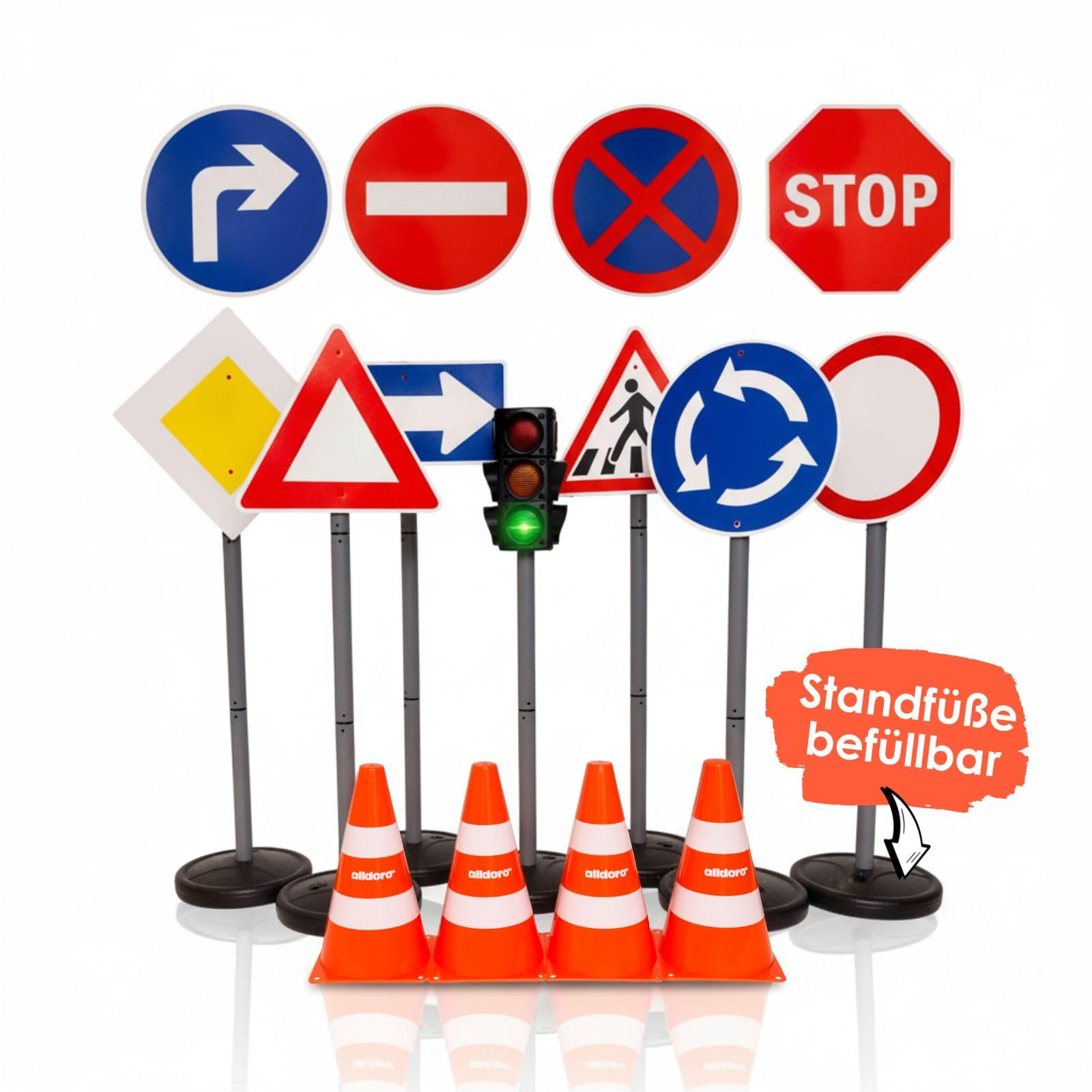alldoro 60230 XXL-Verkehrsset mit Ampel, 10 Verkehrsschildern (75 cm) & 4 Pylonen, Verkehrserziehung für Kinder, Indoor & Outdoor, Orange