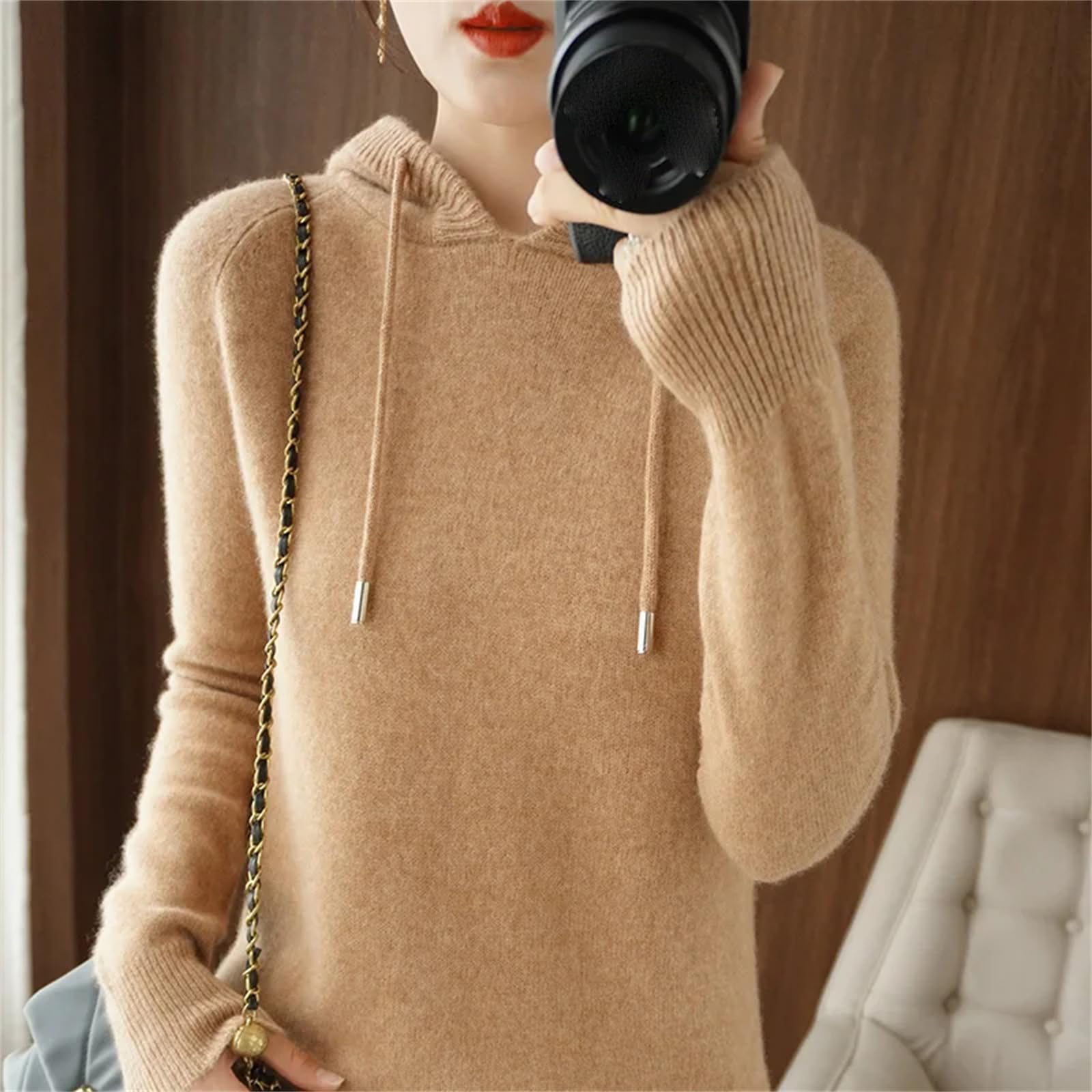 Yeuyyben Maglione invernale con cappuccio da donna Maglione in cashmere con cappuccio caldo allentato maglione in cashmere con cappuccio da donna arancione, Arancione, XS