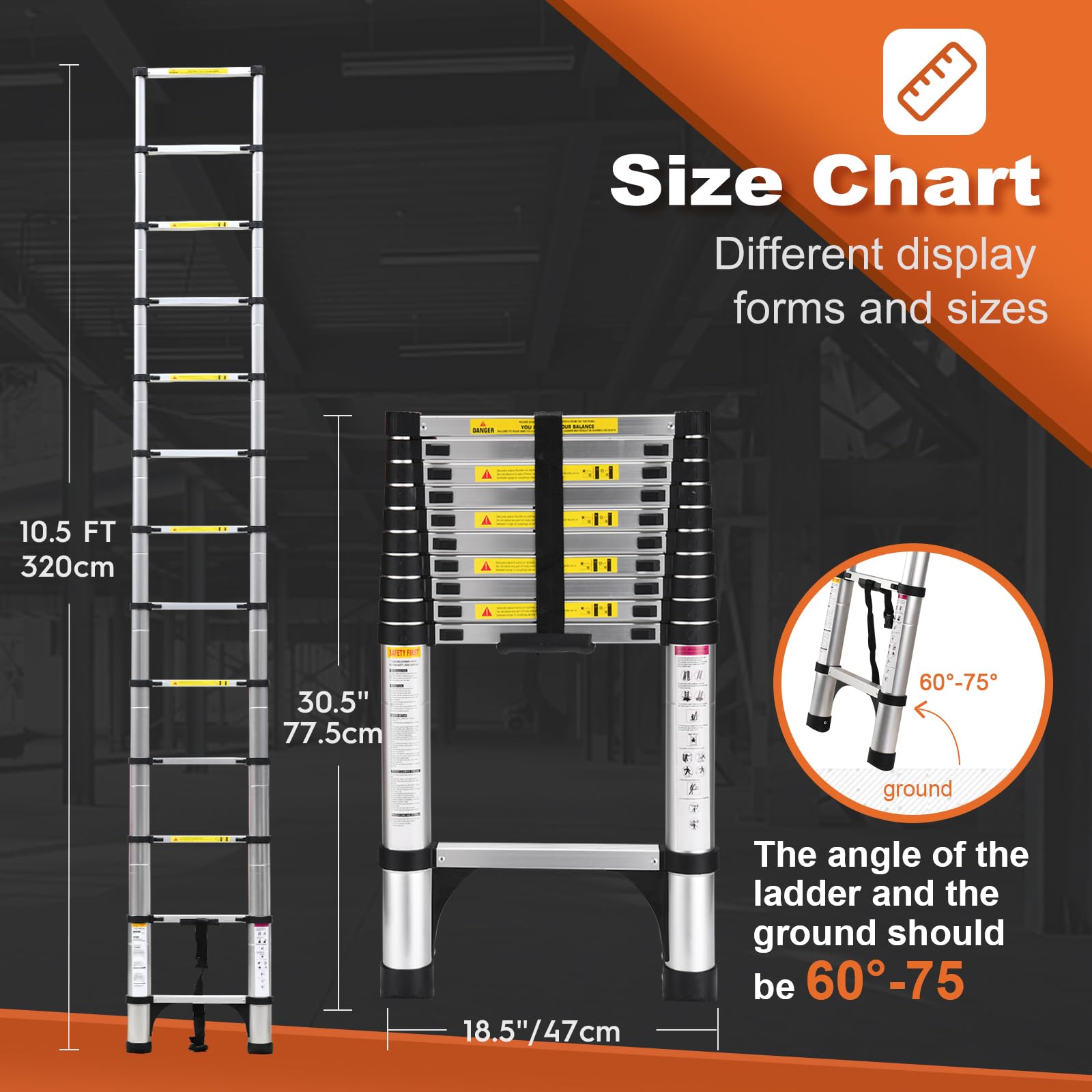 HBTower Scala telescopica da 3,2 metri con piedini antiscivolo, leggera scala pieghevole in alluminio per soppalchi, camper, esterni ed interni, capacità di 150 kg.Argentato