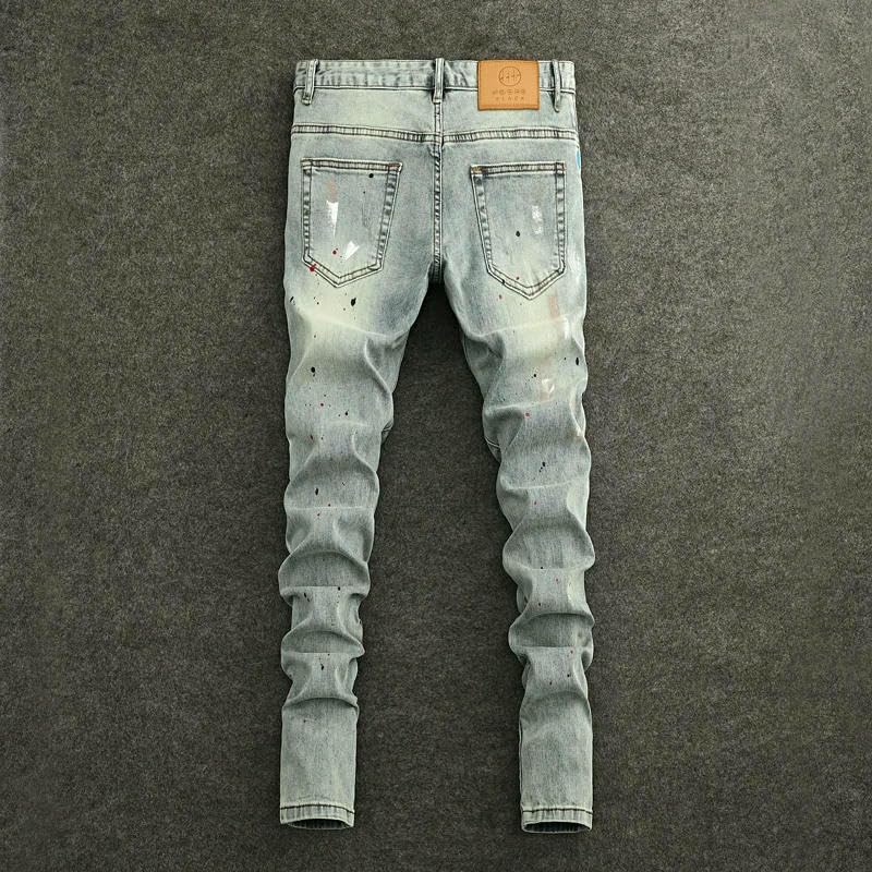 Street Men's Jeans Retro Washed Blue Stretch Slim Fit Ripped Jeans Men Painted Vintage Denim Pencil Pants2