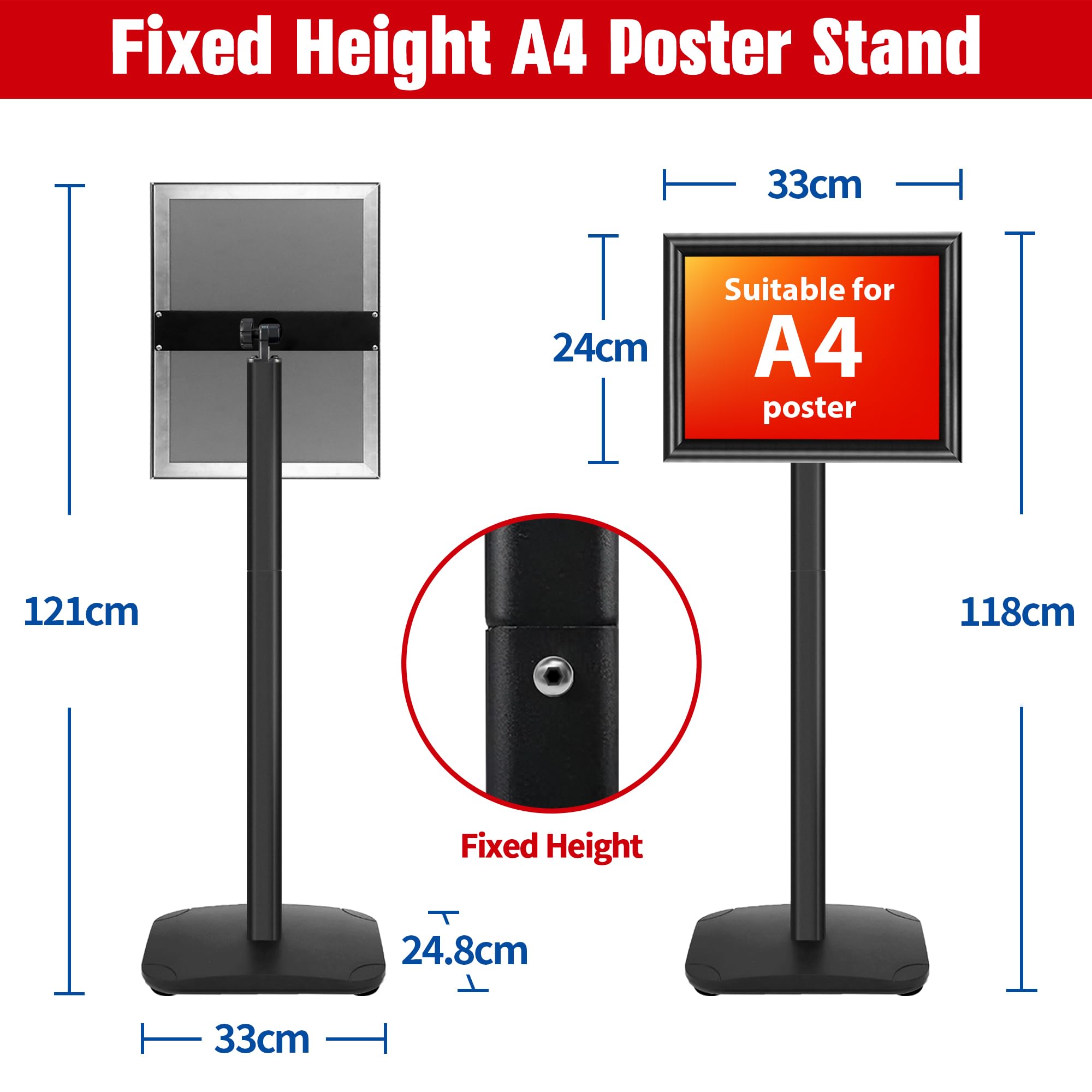 Présentoir A4 robuste sur Pied - Base fonte lestée, Rotation 360°, Cadre Aluminium Clipsable - Support Panneau A4 – Porte Affiche Menu Restaurant, Support Document Bureau | Noir