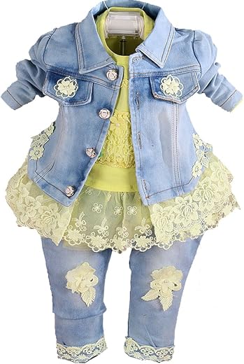 Spring Autumn Infant Baby Girls Clothing Set 3 Pieces Sets T Shirt Sequins Jacket and Jeans