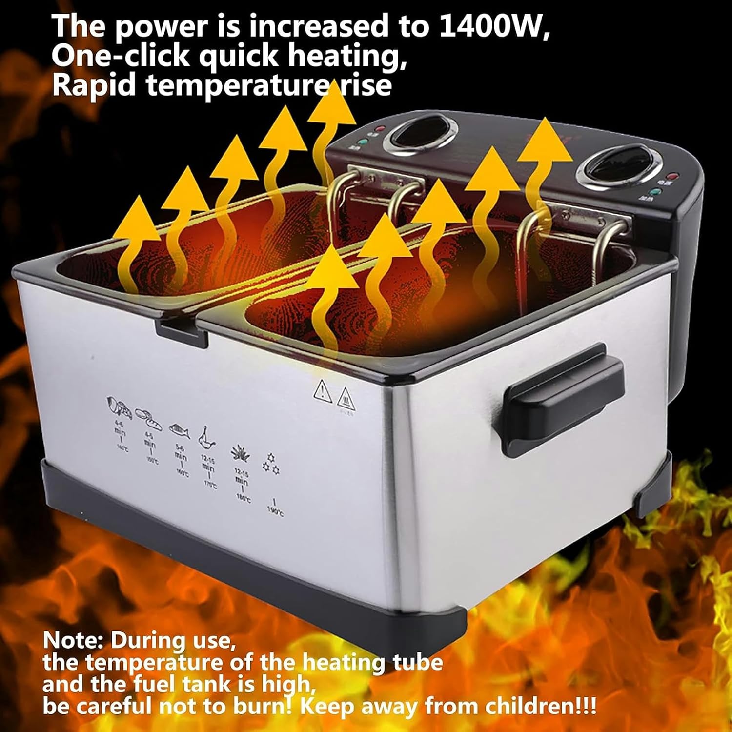 6L Deep Fryer Commercial Deep Fat Fryer Stainless Steel Chip Fryer Countertop Adjustable Temperature Control with Removable Tank Basket Lid for Home, Restaurant 1400W