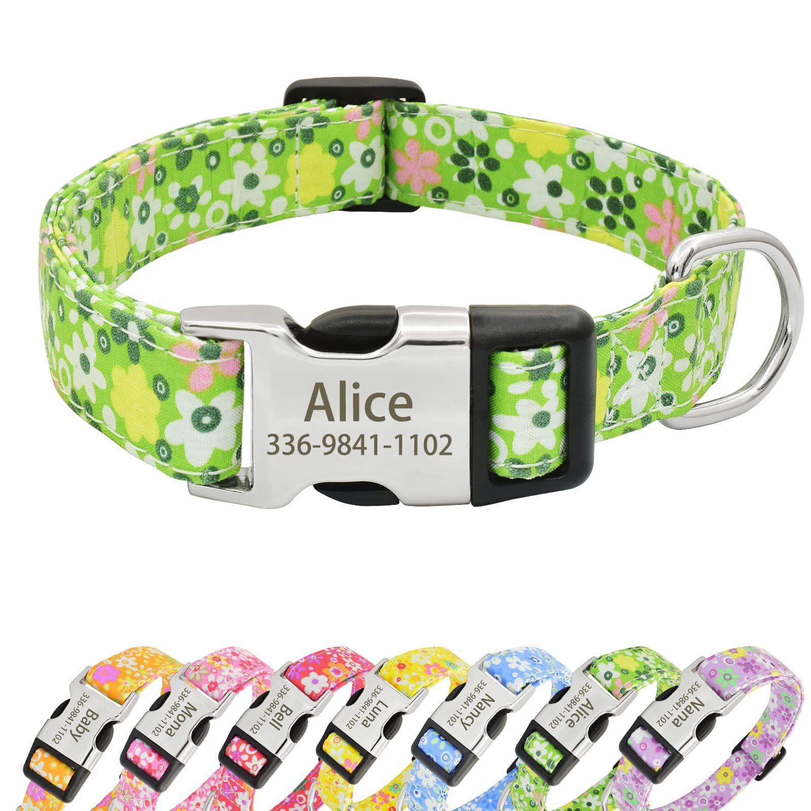 Senristar Personalised Floral Dog Collars with Name, Custom Flower Print Dog Collars with Engraved Buckle for Small Medium Large Dogs (M(Width:3/4'' Neck:12.0-18.0''),Green)