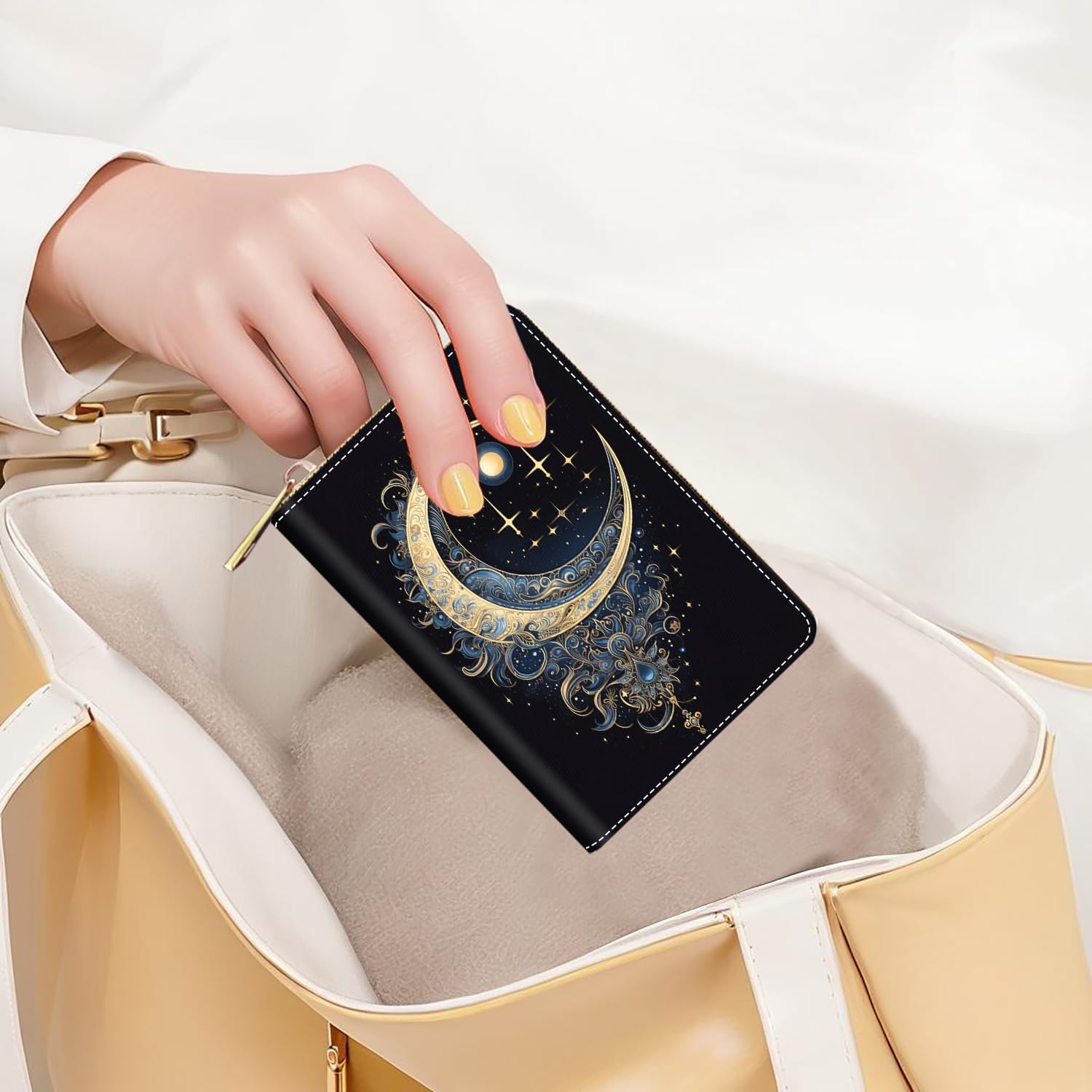 Credit Card Holder Wallets for Women, RFID Blocking Small Leather Card Case Wallet with Zipper Accordion Wallets, Celestial Theme Stars with Crescent Moon - Image 7