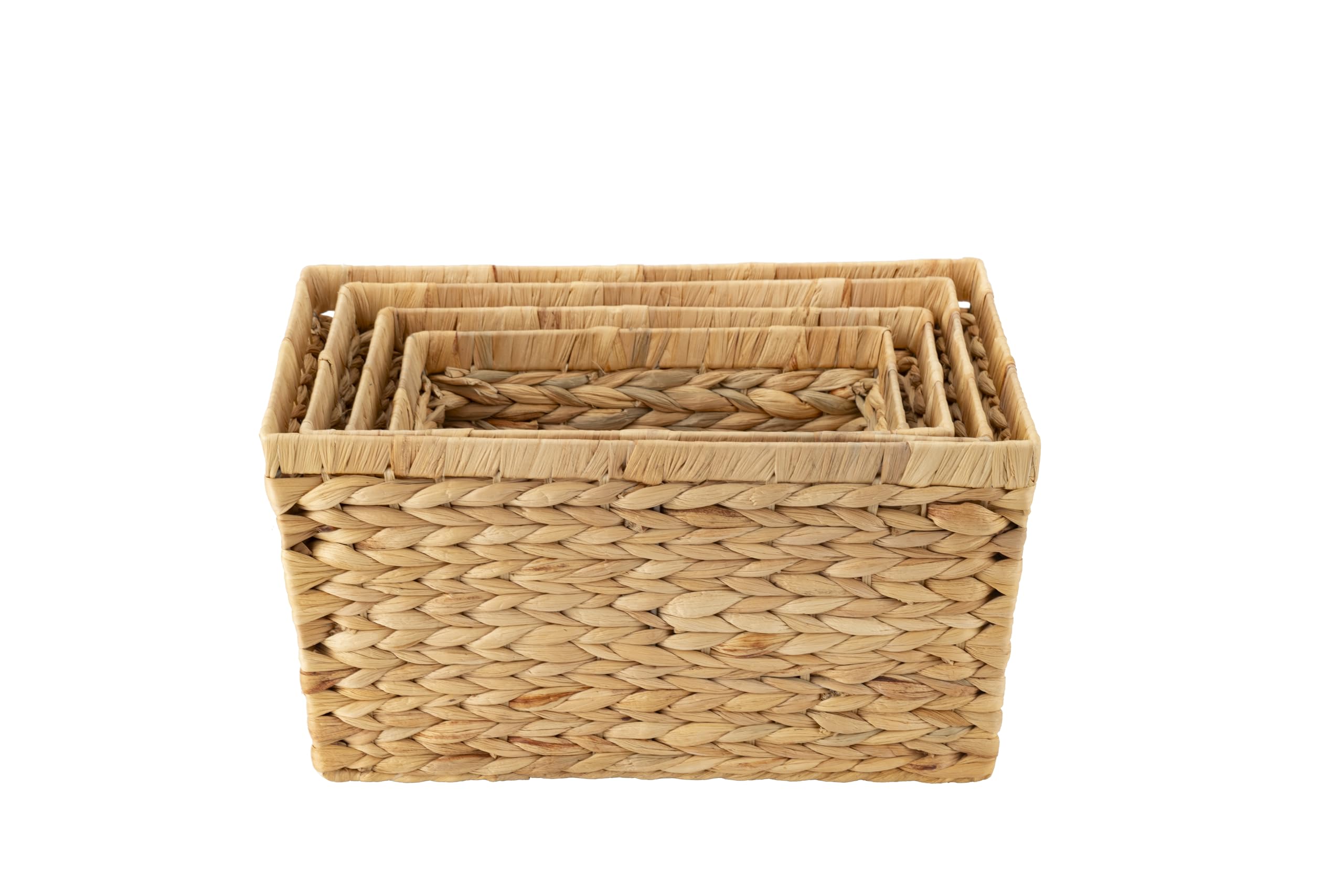 ECHTWERK Set of 4 Water Hyacinth Storage Baskets Rectangular Natural Colours Wicker Baskets S/M/L XL Stackable for Bathroom, Office & Living Room