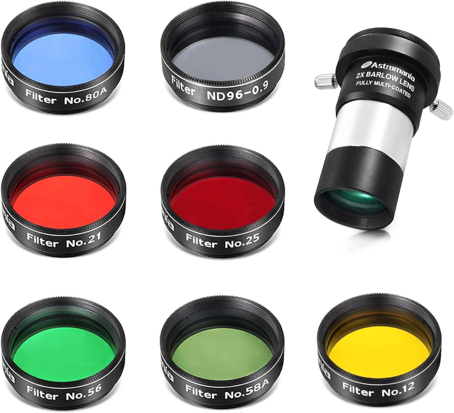Astromania 1.25" 2X Barlow Lens MultiCoated Metal with M42x0.75 Thread - Bundle with - Filter Set of 1.25-Inch Seven Telescope Filters