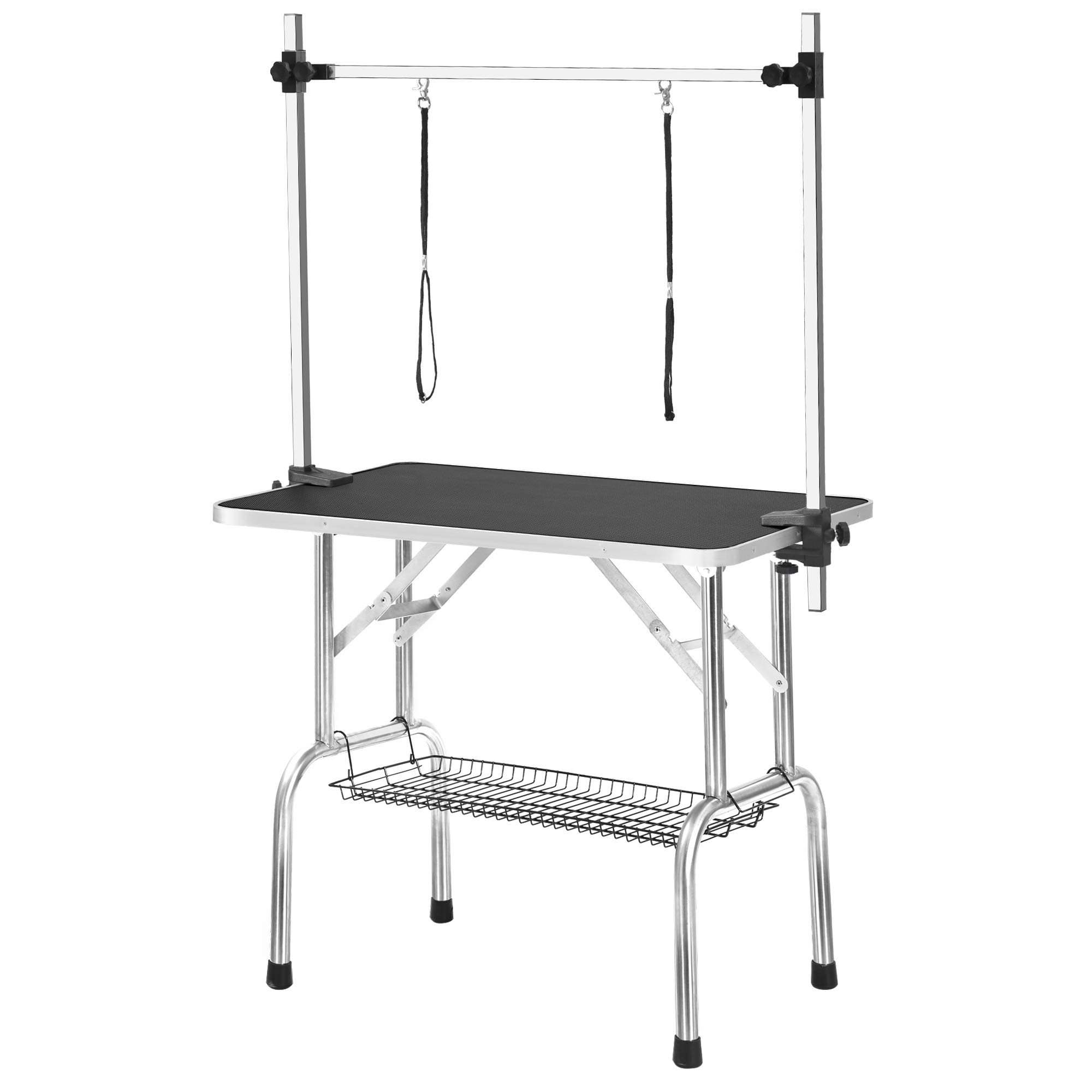 Table d'entretien Pliante pour Chiens/Chats/Animaux domestiques Tige réglable 2 Sangles Panier de Stockage et capacité antidérapante de Surface de Travail Plus Large 100kg (Noir,90 * 60 * 76)