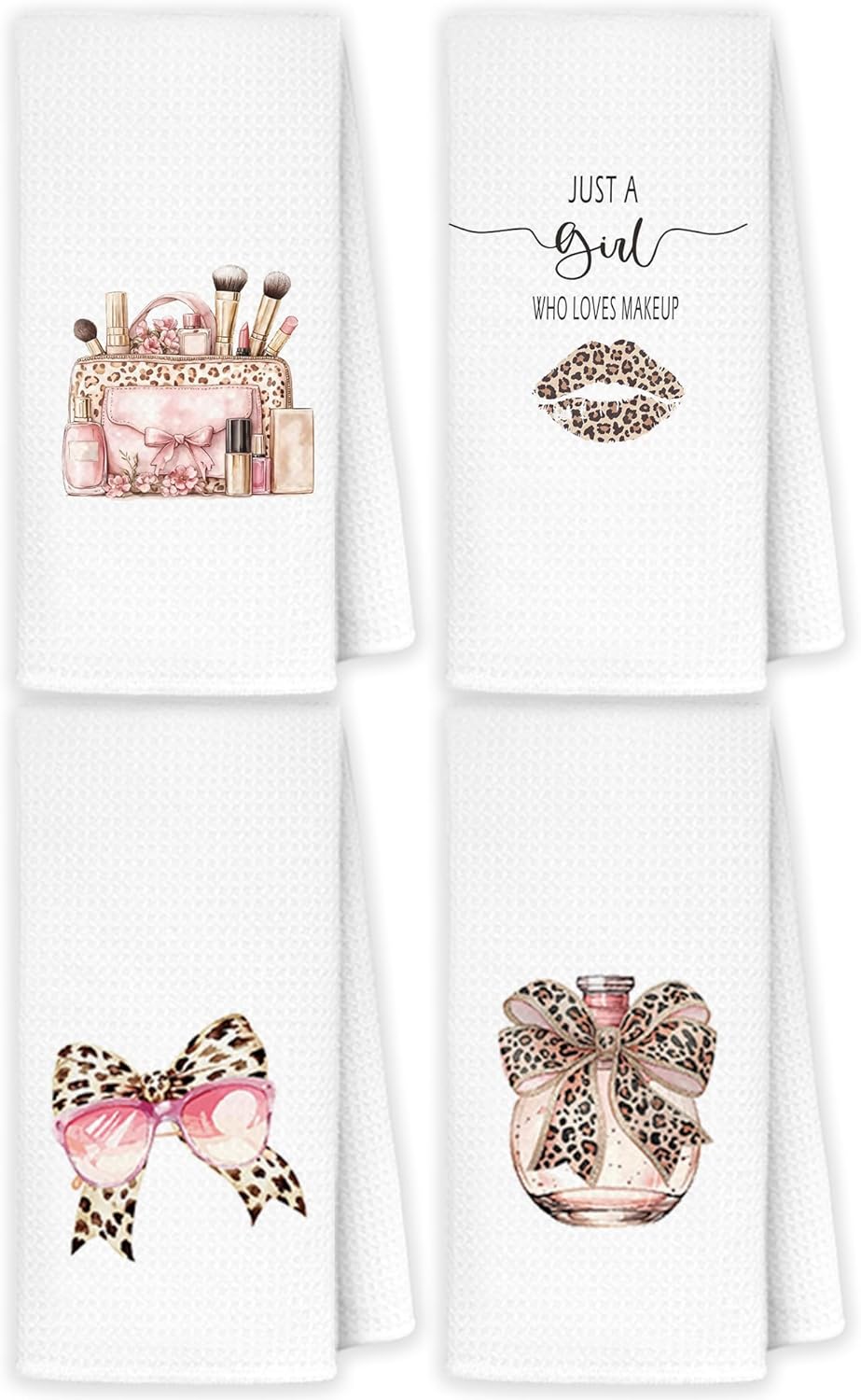 Coquette Leopard Bathroom Hand Towels, Cheetah Print Bathroom Decor, Pink Leopard Bow Makeup Lips Perfume Decorative Hand Towels for Bath Room Washroom Restroom, 16x24 Inch Set of 4