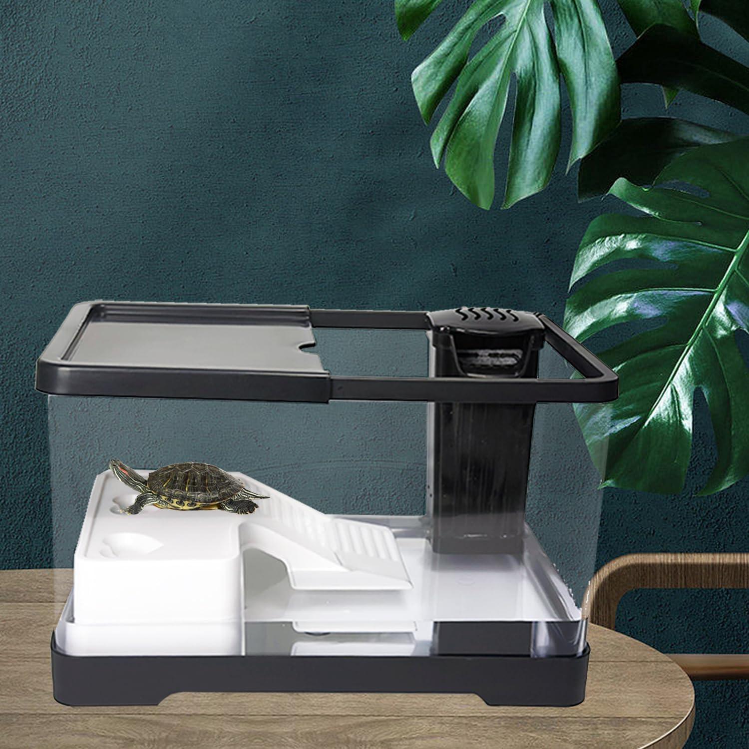 Turtle Tank Starter Kit, Upgraded Aquarium Fish Tank Kit with Filter,Fish Net, Reptile Habitat with Adjustable UV Lamp & Lid,Bask Platform for Crabs,Amphibians,Reptiles.(12"x7.7"x7.2")