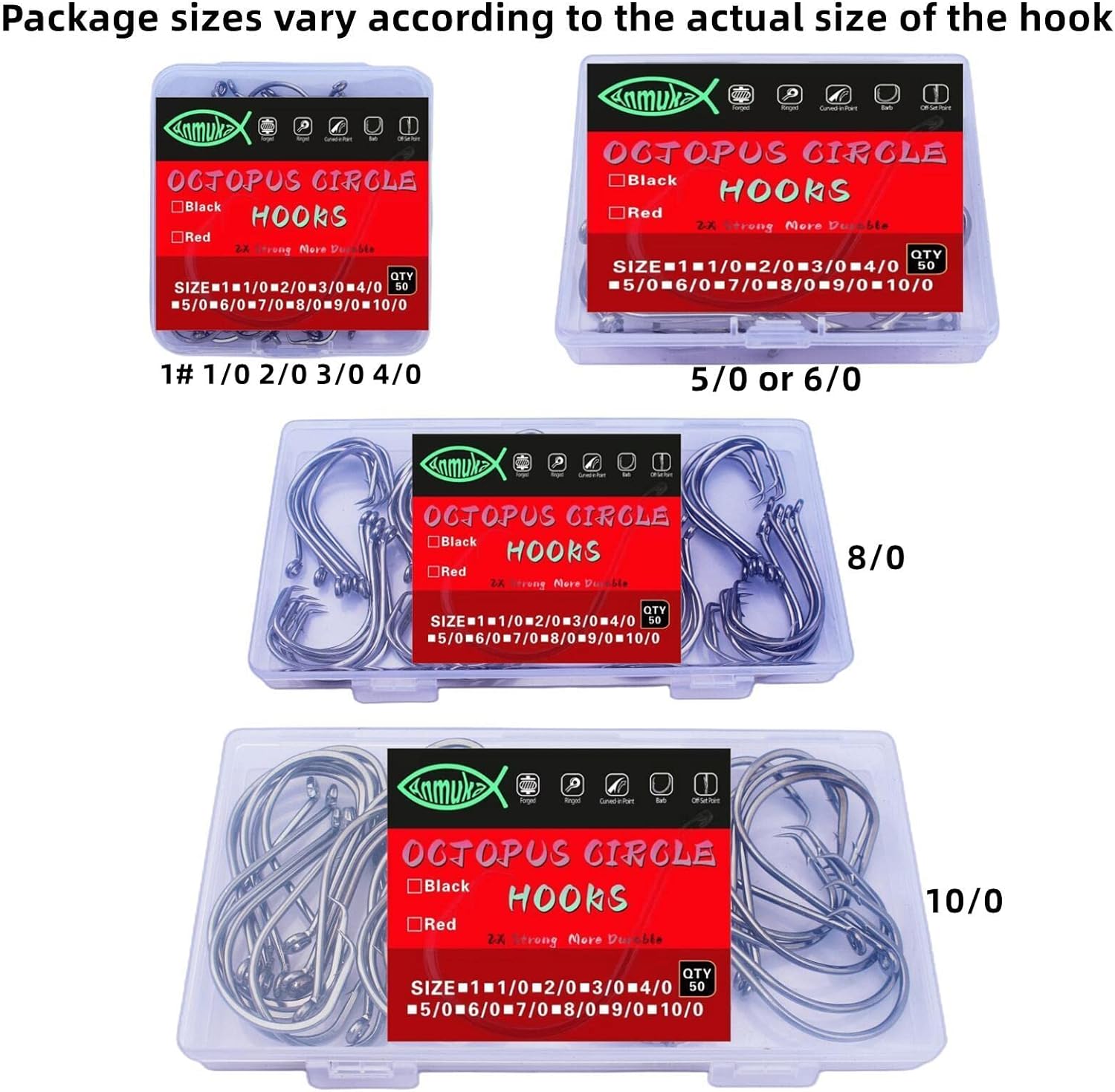 Fishing Hooks 2X Strong Octopus Circle Hooks Offset Freshwater Saltwater Fish Catfish Hooks Bulk Fishing Gear Equipment Supplies Hooks Set-50/Pack : Sports & Outdoors